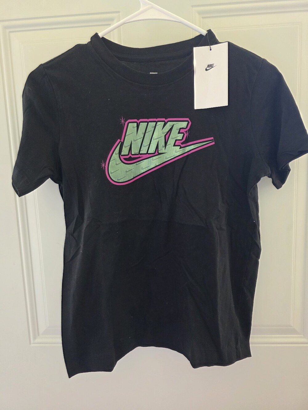 Nike Kids Black Short-Sleeve Tee with Green & Pink Logo Graphic-New With Tags